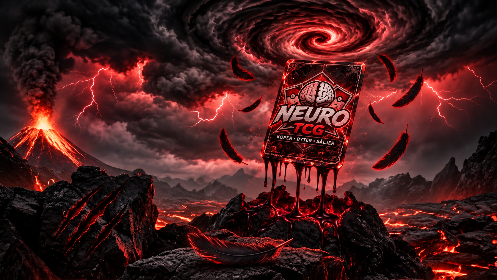 Neuro TCG-illustration med ett kort ovanför ett vulkanlandskap och en röd stormvirvel